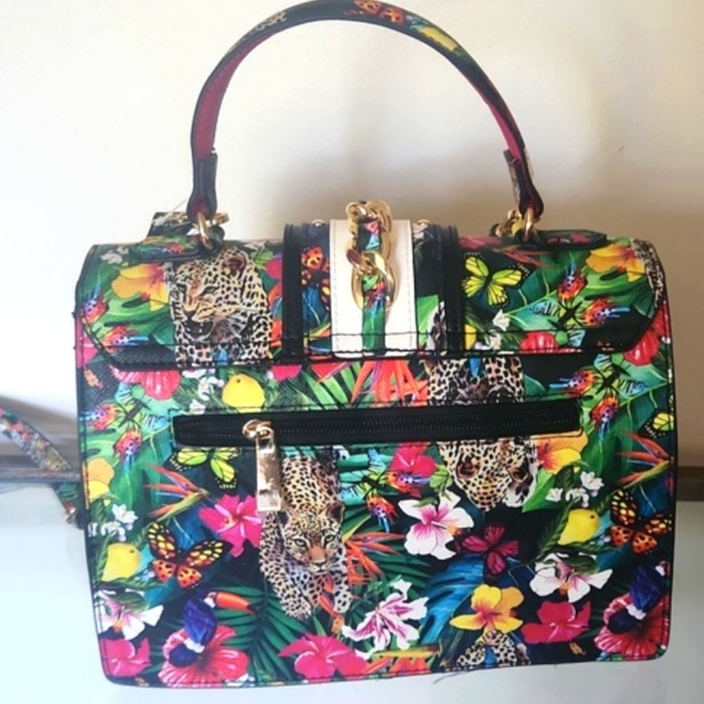 ALDO Cheetah Flower Print Leather Small Satchel OR Crossover Bag - Picture 3 of 10